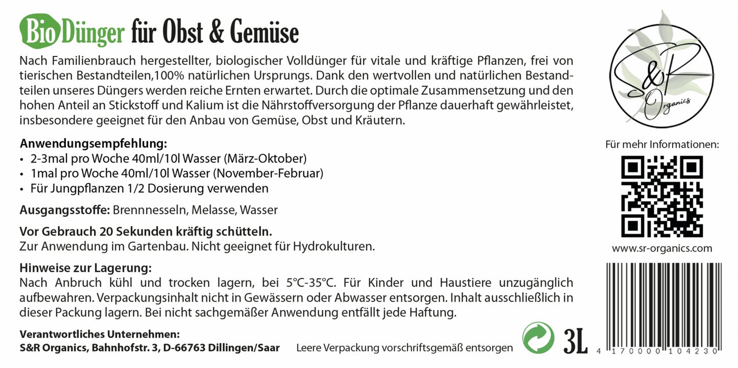 S&R Organics Bio Dünger für Obst & Gemüse 3L