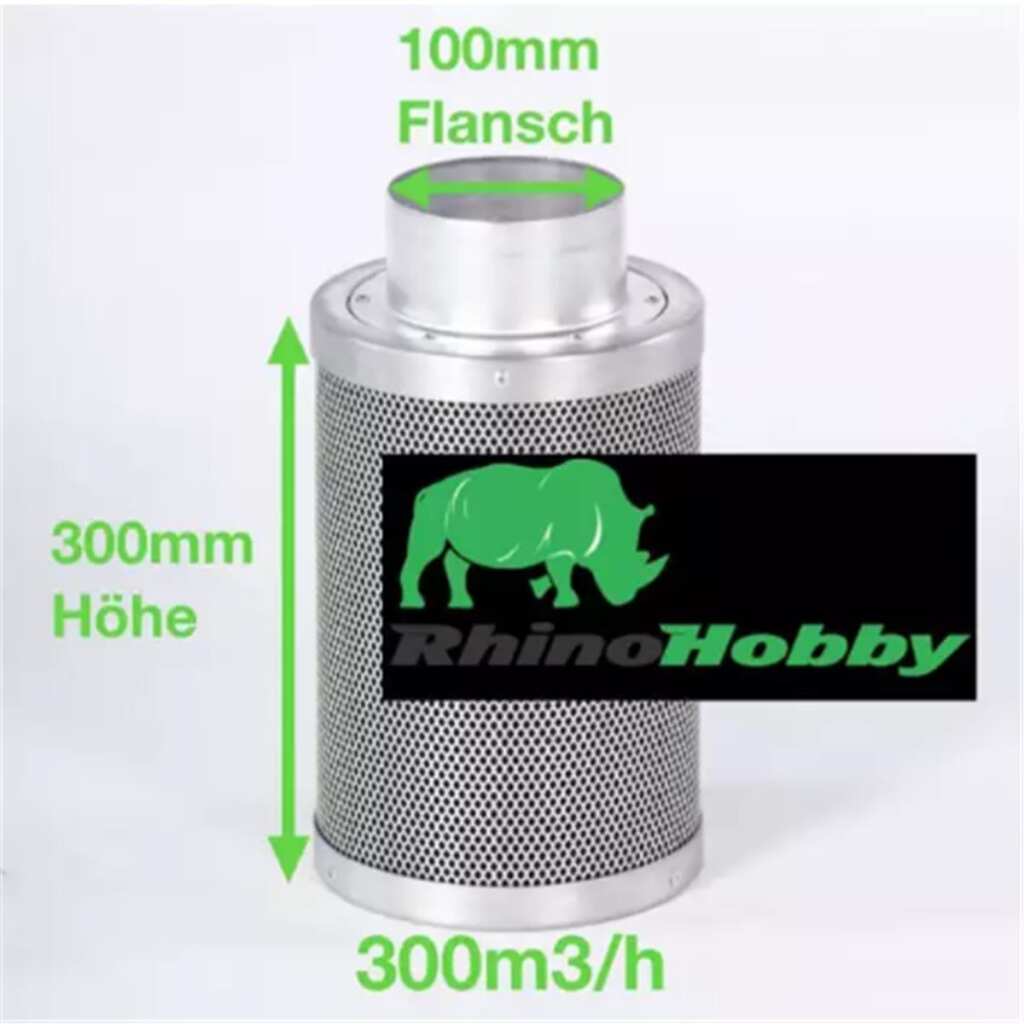 Aktivkohlefilter 100mm x 300mm | Rhino Hobby 225 | 100mm Flansch | 150 - 300m³/h