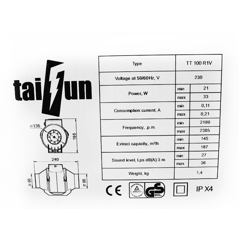 Taifun 2 Speed Inline Ventilator 145/187m³/h 100mm Flansch
